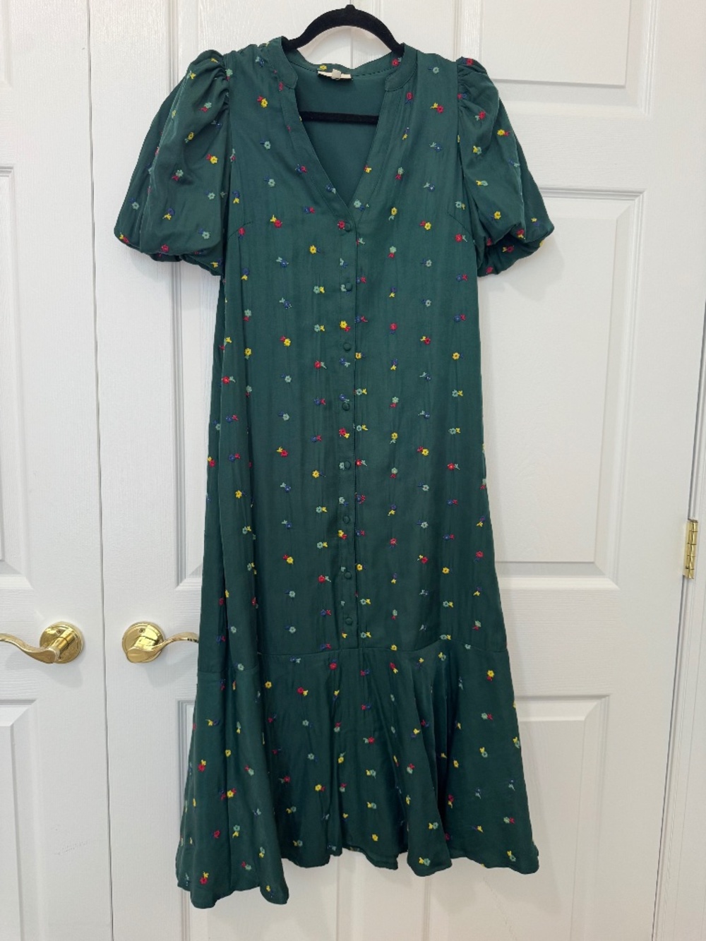 Tuckernuck Green Embroidered Floral Midi Dress Puff Sleeve Button Front Size S